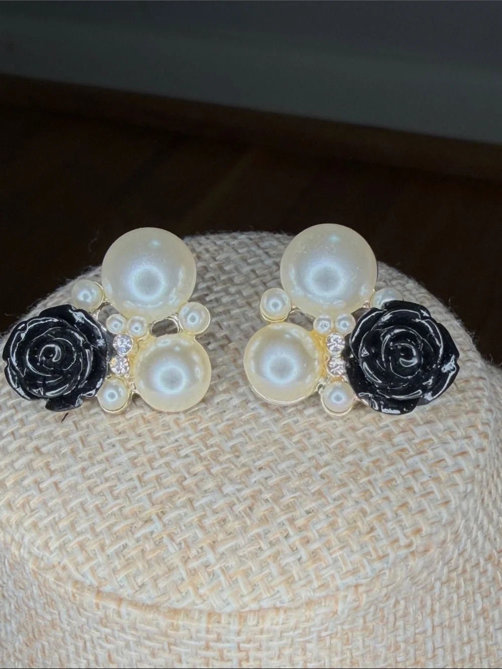 Pearl Cluster Earrings with Black Rose Accent